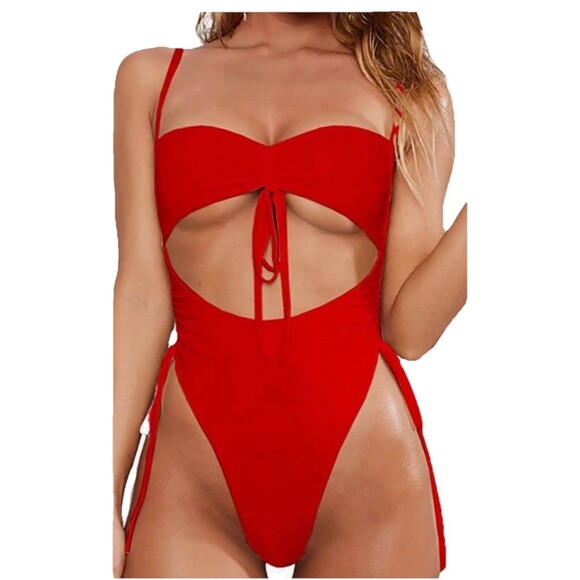 NWT SandalBay Red Sexy Cheeky Thong High Waisted Swimsuit Size Medium NEW - Picture 1 of 7